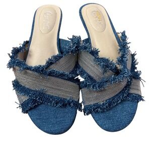 Comfort Est 1946 Slide Sandals Womens Blue Good Frayed Denim Metallic SIZE 6